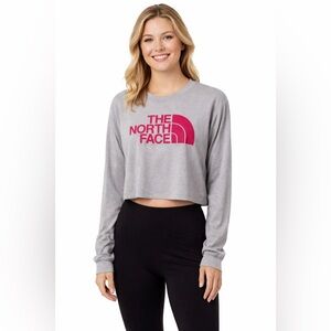 The North Face Cropped Long Sleeve T Shirt Womens XS Gray Pink Logo